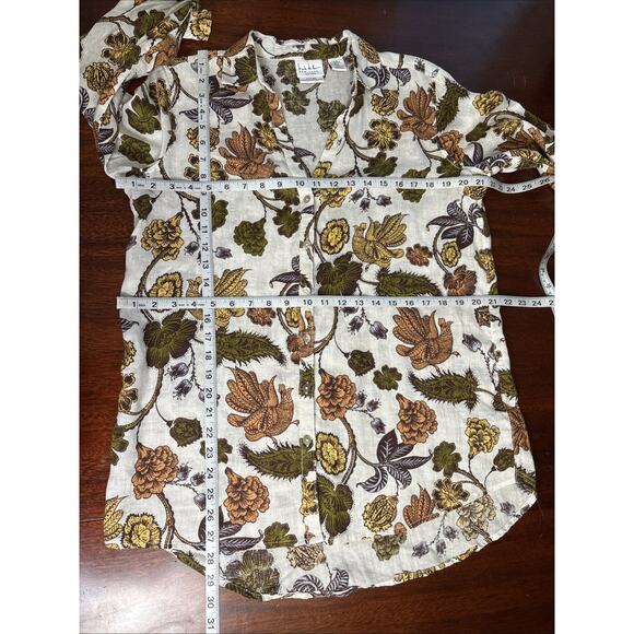 Nicole Miller Linen Tunic Blouse Size XL Earthy Floral Bird Print‎ Roll Tab - Picture 4 of 6